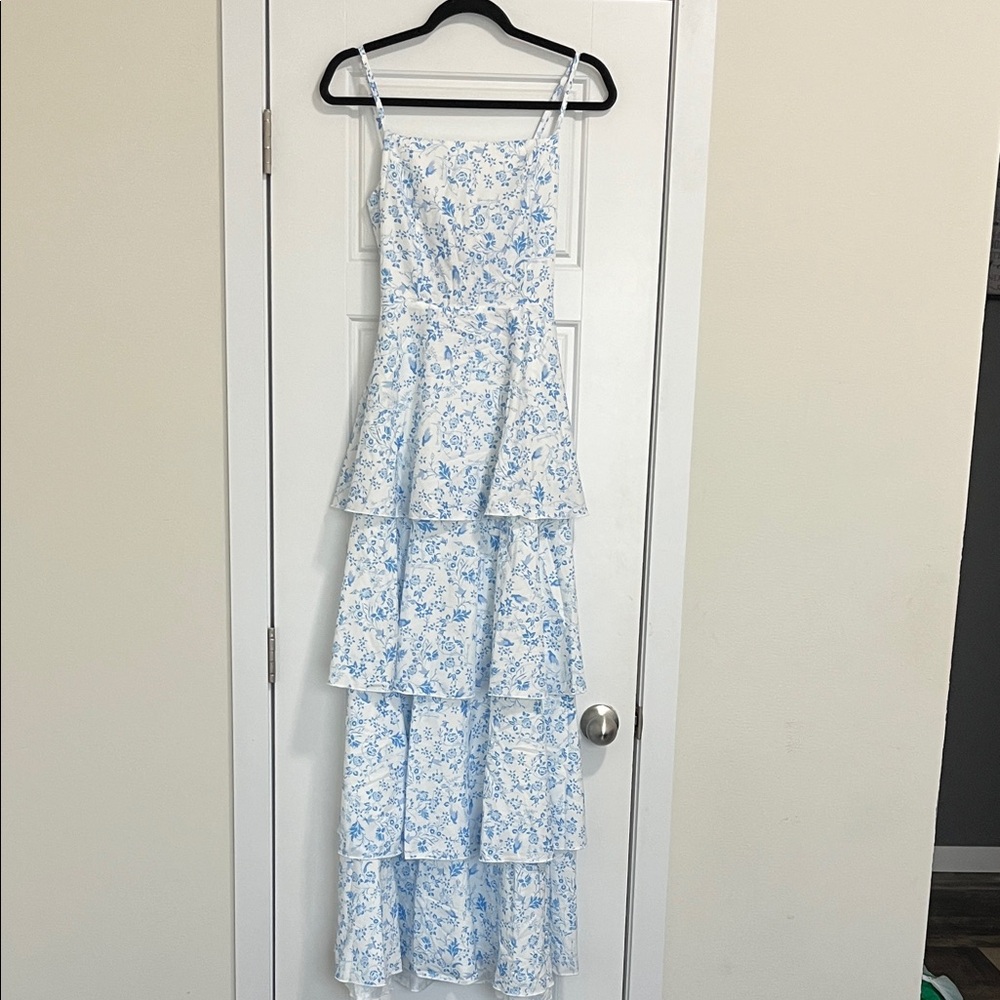 Elegant Blue Floral Tiered Dress